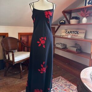 Vintage Black Dress with Red Rose Detail